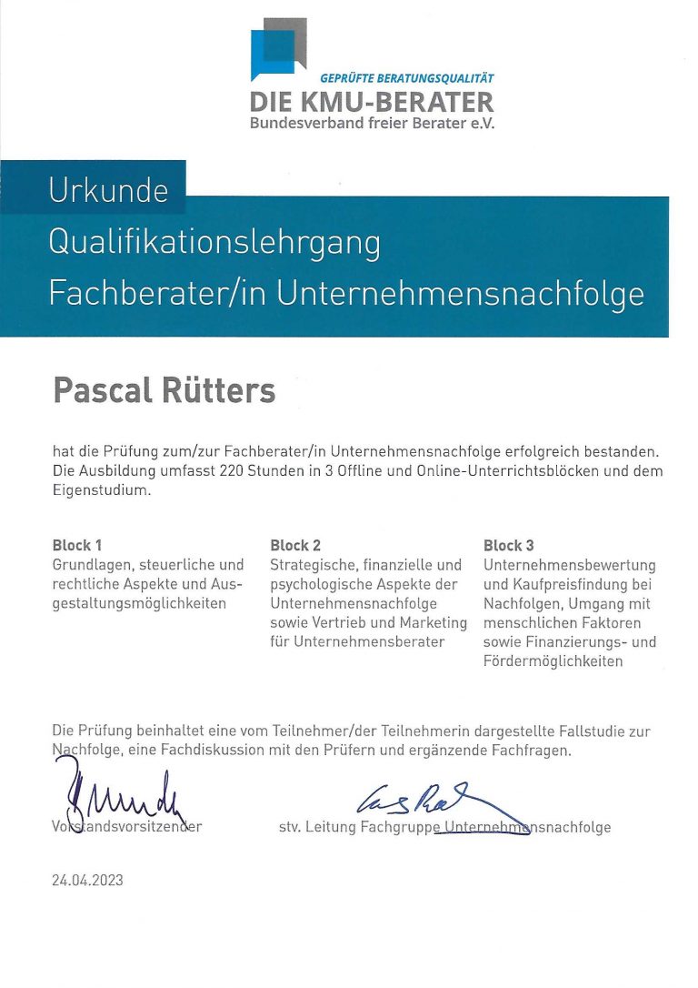 Urkunde Pascal Rütters Fachberater Unternehmensnachfolge